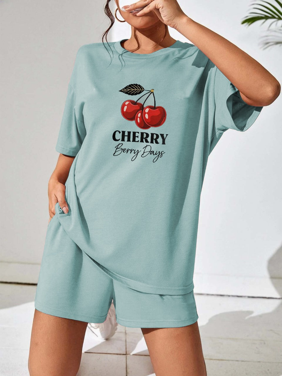 Sea Green "Cherry Berry Days" Shorts Set