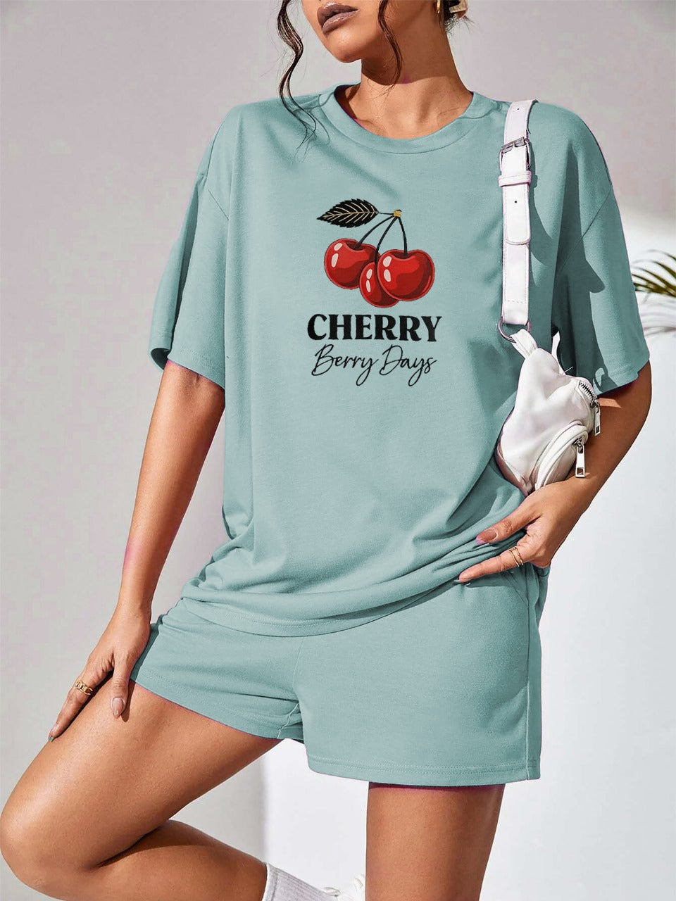 Sea Green "Cherry Berry Days" Shorts Set