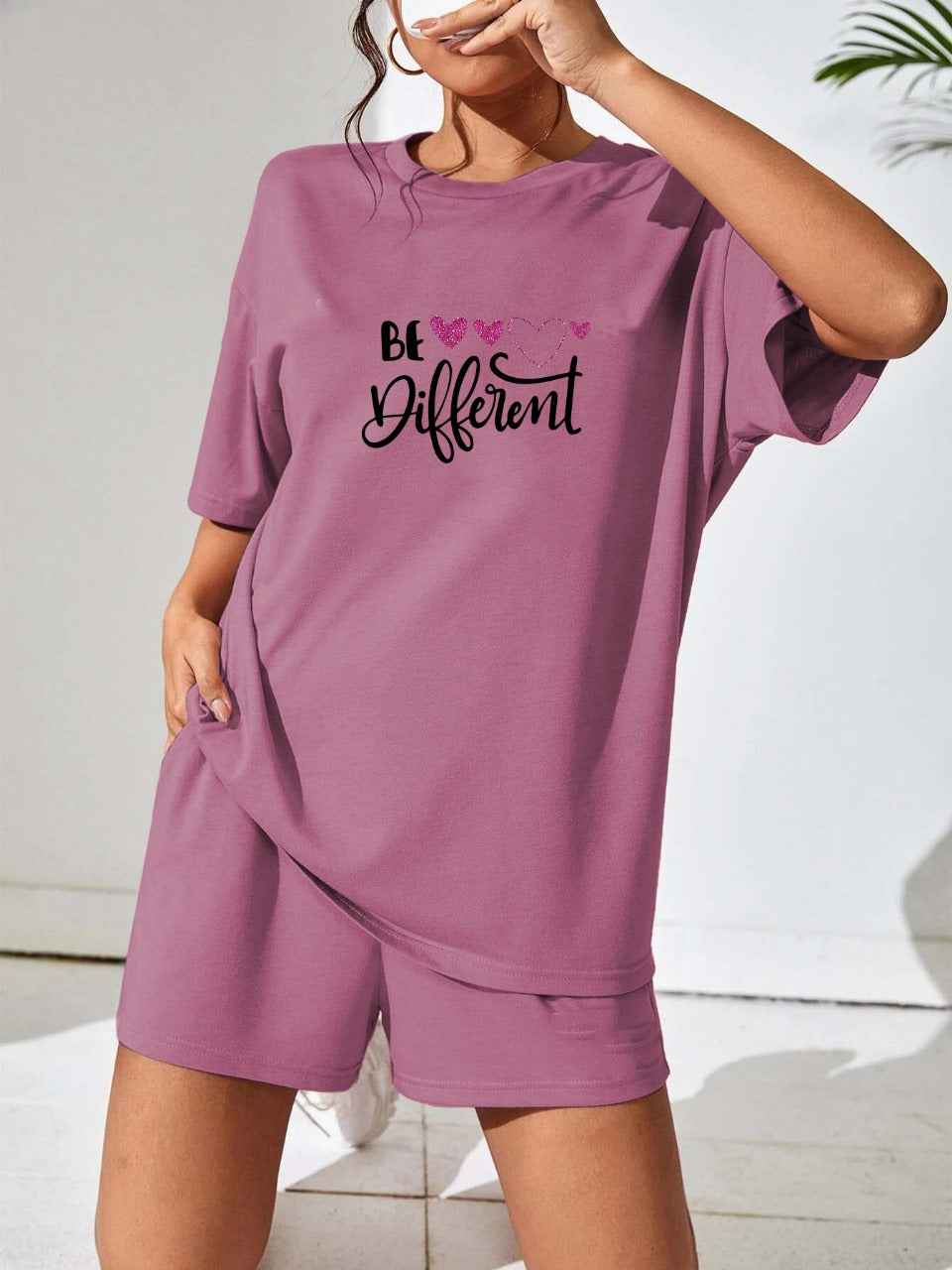 Mauve "Be Different" Heart Shorts Set