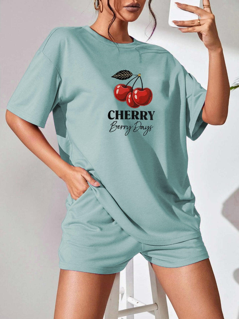 Sea Green "Cherry Berry Days" Shorts Set