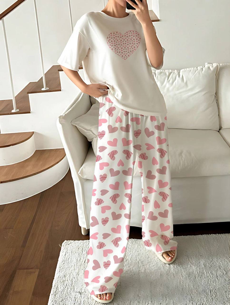 Cream Heart-Print Lounge Set