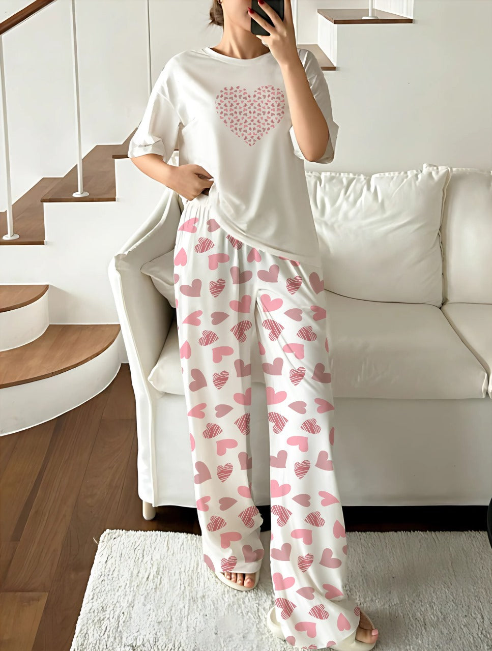 Cream Heart-Print Lounge Set