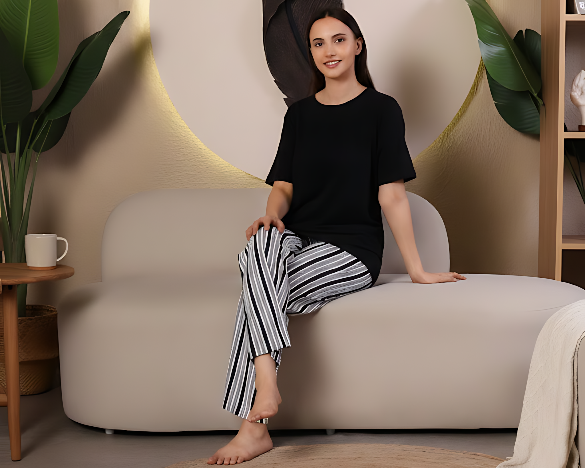 Woman sitting on a beige sofa in a modern living room with plants and a circular light fixture.